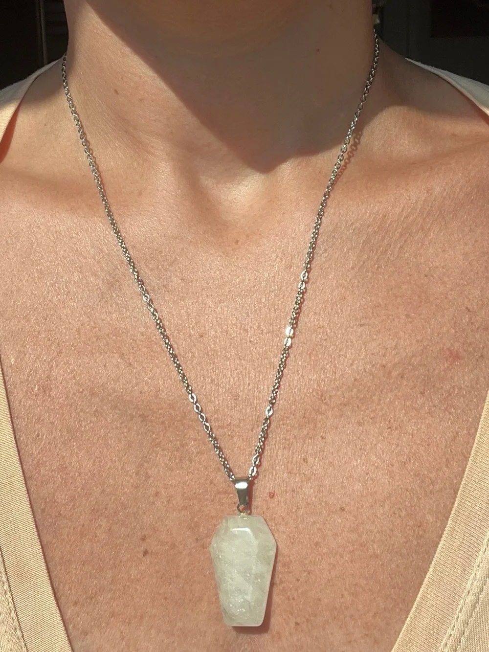 WHITE/CLEAR QUARTZ natural stone coffin pendant necklace with silver chain NEW